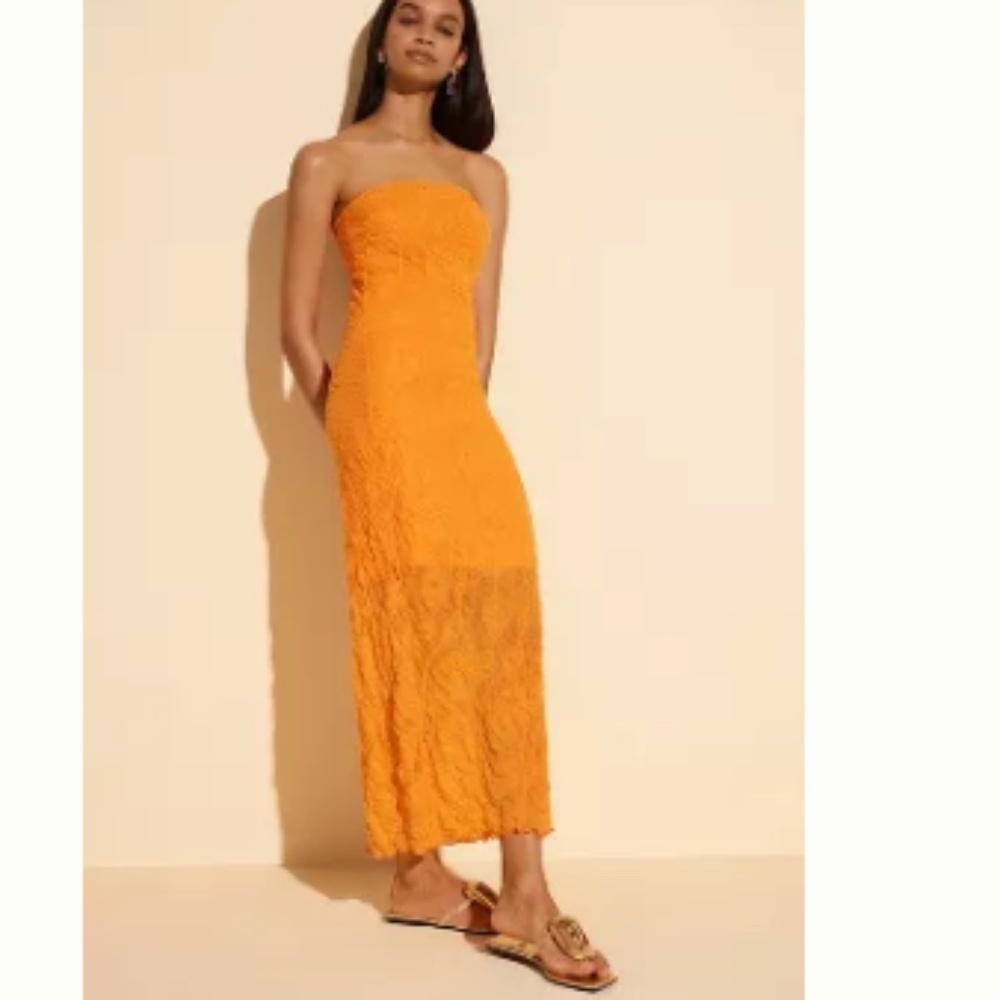 Anthropologie Strapless Textured Knit Slip Midi Summer Dress Orange Medium